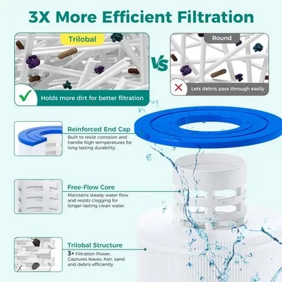 Two different pool filter cartridges compared side by side on a wooden workbench.