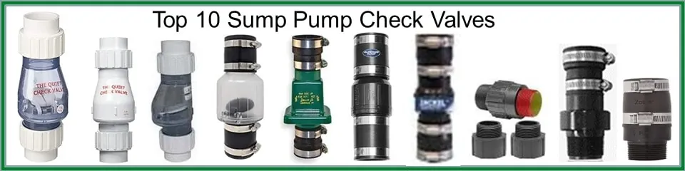 Two different sump pump check valves sitting on a clean workshop bench.