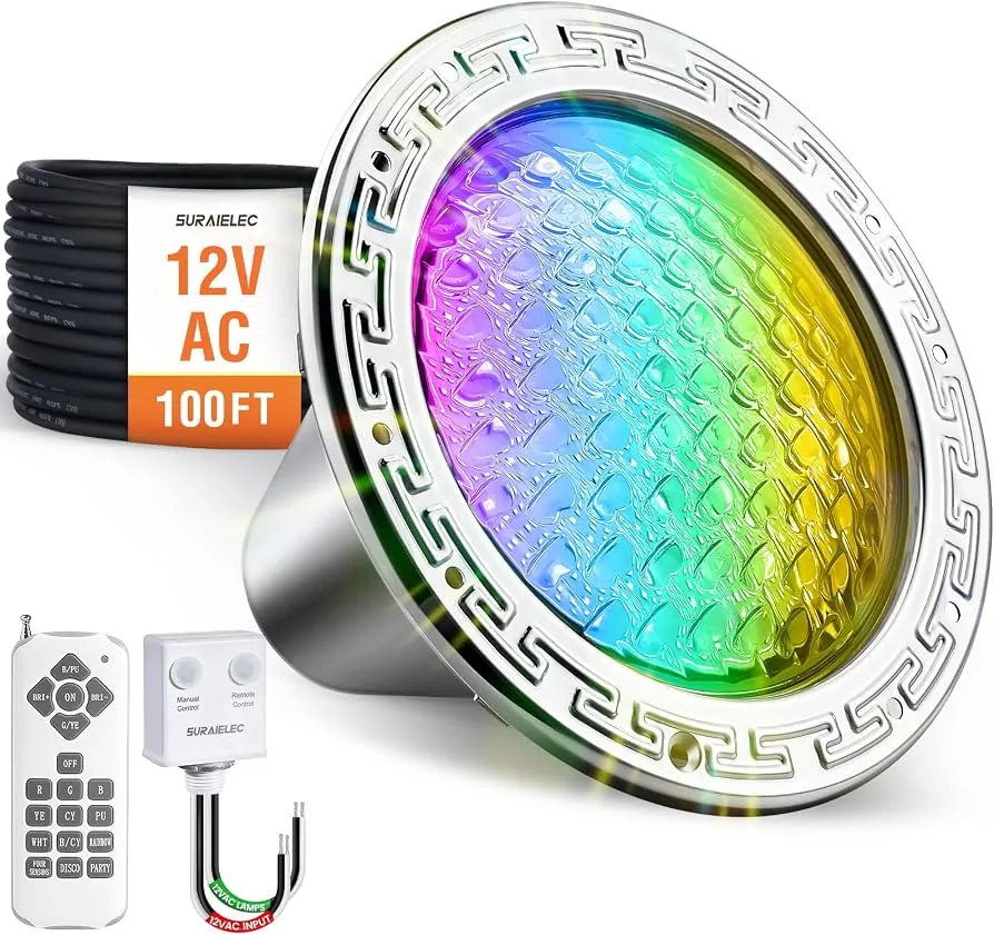 Two different underwater LED pool light fixtures sitting on a concrete deck.