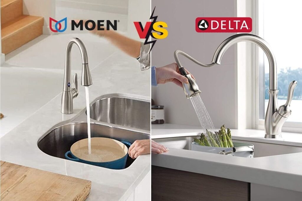 Two modern Moen and Delta faucets displayed on a clean marble kitchen countertop.