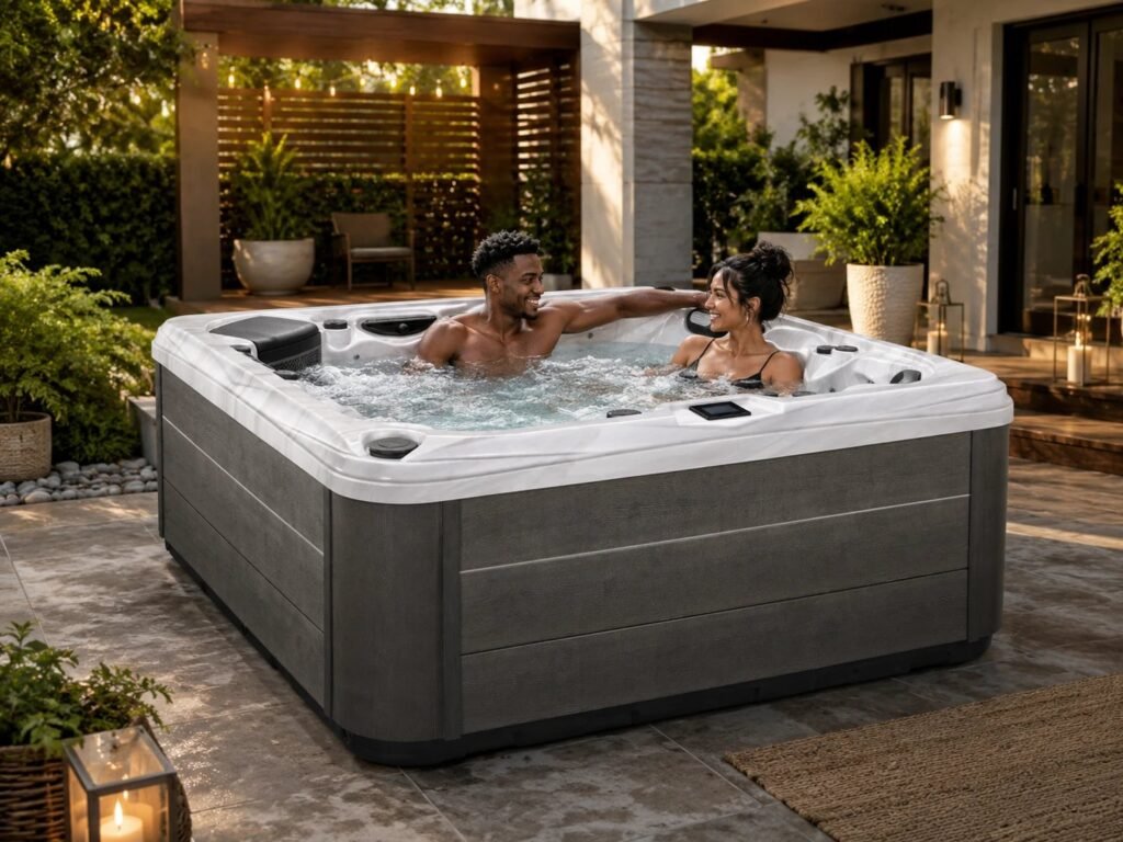 Two modern outdoor hot tubs sit side by side on a wooden deck.