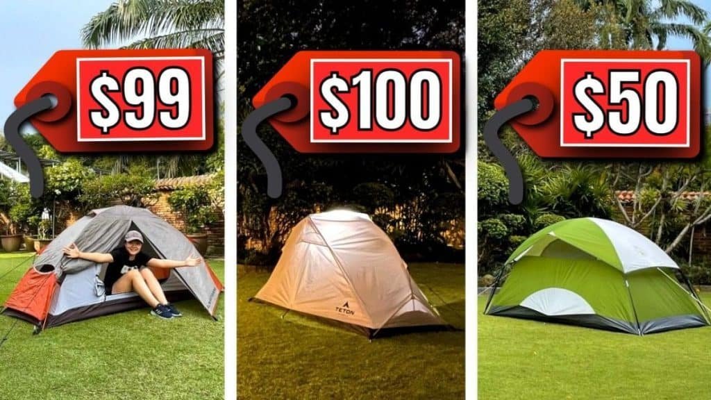 A two-person camping tent set up in a shaded forest clearing with sunlight filtering through the trees.