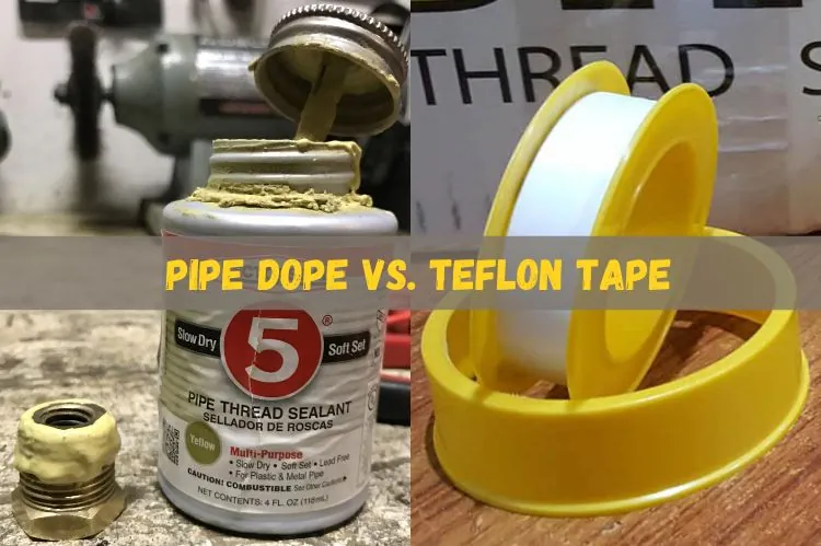 Two pipe joints showing the visual difference between liquid sealant and teflon tape.