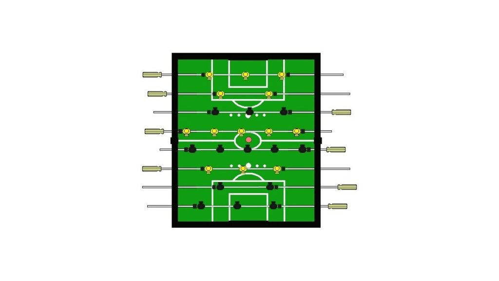 Two teams of five players ready for a foosball match in a bright room