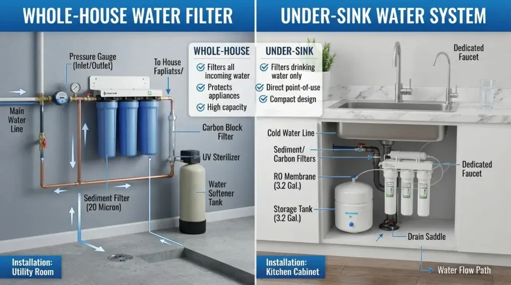 An under sink water filter installed in a tight space beneath a kitchen sink.