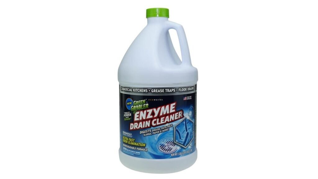 A variety of eco-friendly enzyme based drain cleaners sit neatly near a kitchen sink.