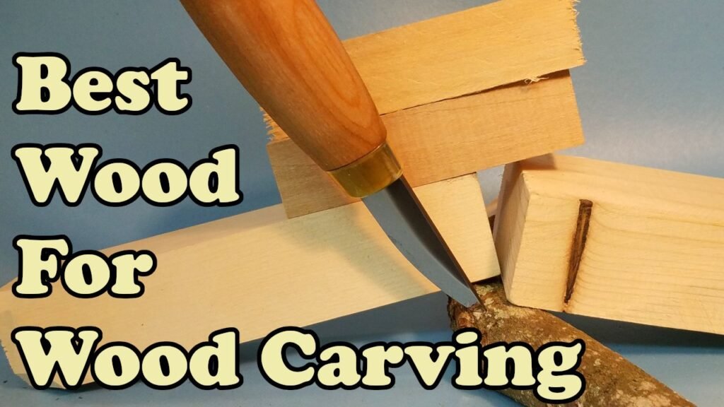 A variety of quality carving woods arranged on a workbench with carving tools.