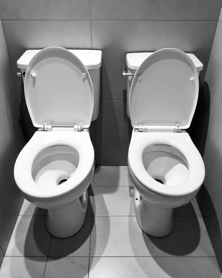 Various high-efficiency toilet models displayed in a clean, modern bathroom showroom.