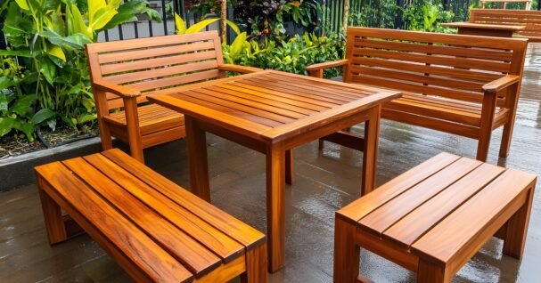 Various high-quality wood samples for outdoor furniture displayed on a stone patio.