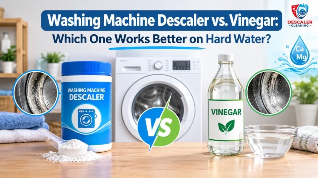 Vinegar and commercial descaler bottles placed next to a lime-encrusted showerhead for hard water removal.