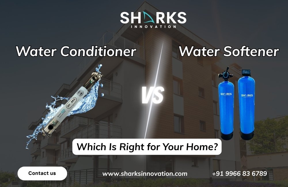 A water softener and water conditioner unit side by side in a basement.