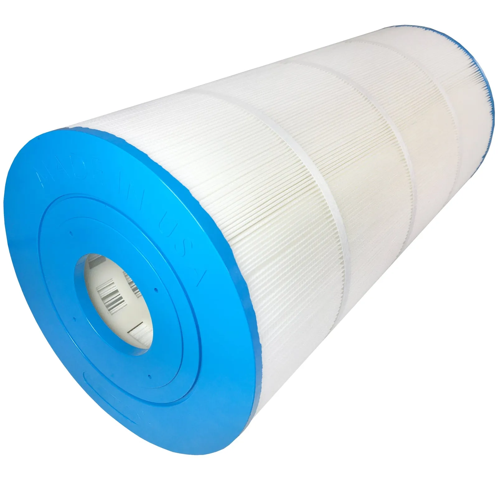 Water spraying through a pleated pool filter cartridge being cleaned with a hose.