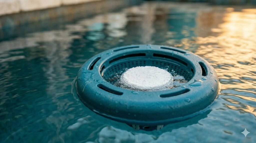 White bromine tablet in a glass bowl on a hot tub edge with steam.