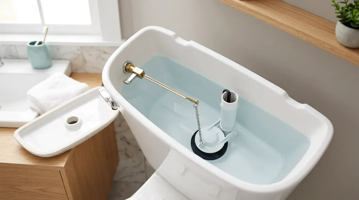 A white plastic lever and a chrome-plated brass toilet flush handle.