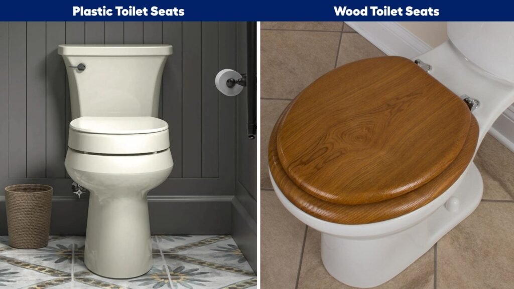 A white plastic and a wooden toilet seat displayed together in a bathroom.