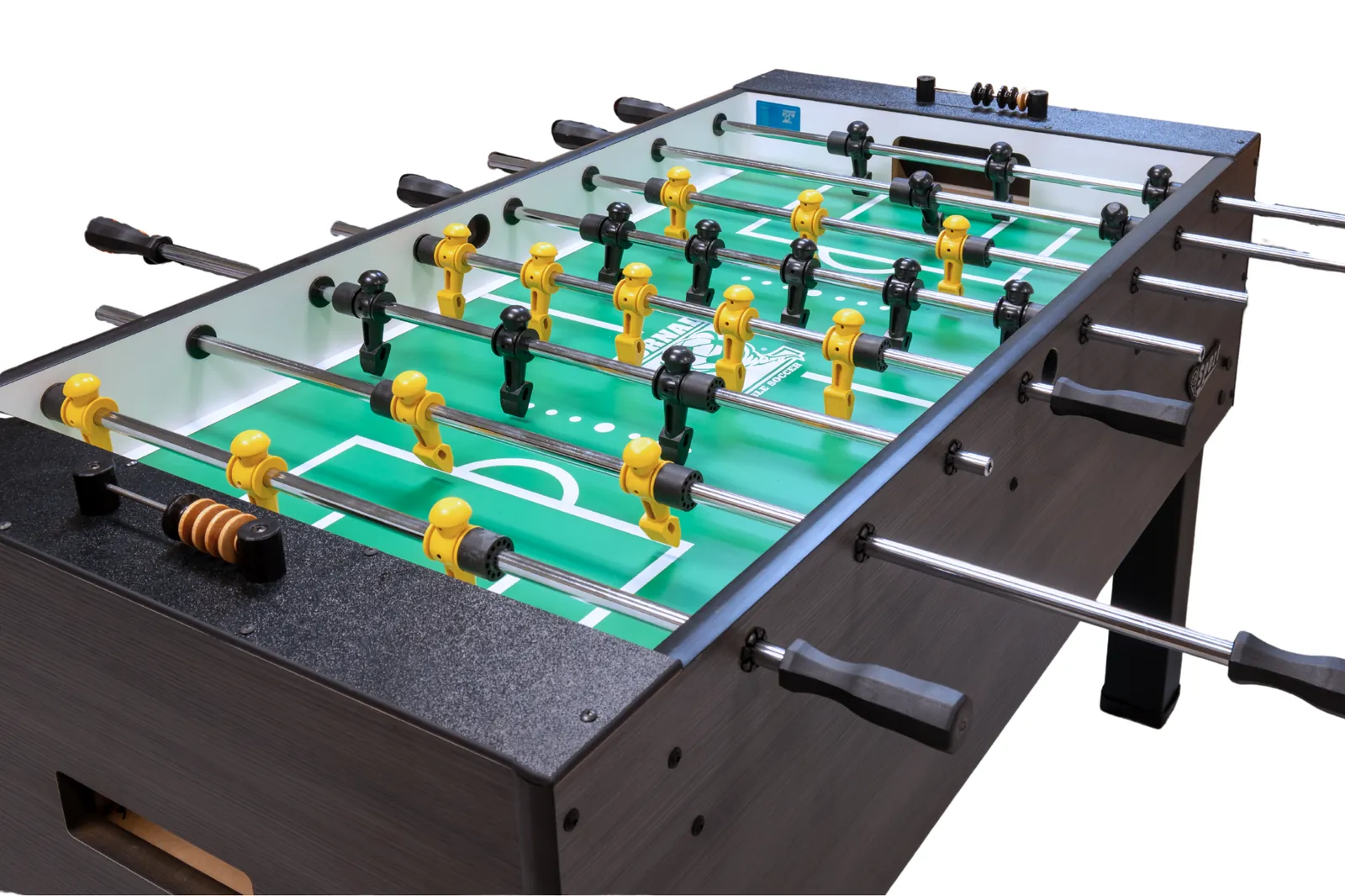 A wide selection of foosball tables displayed on warehouse shelves for online shoppers