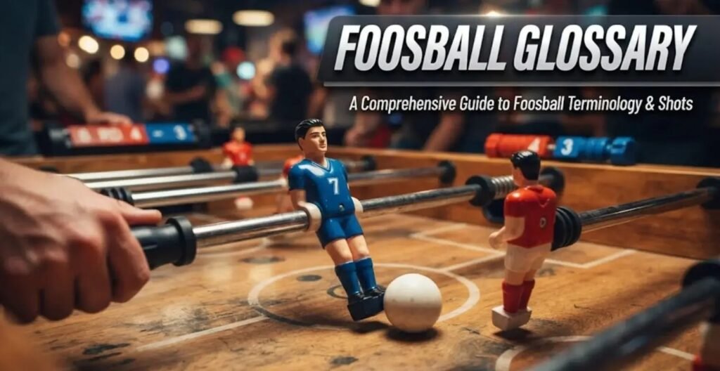 Wooden foosball table in a bright living room ready for play