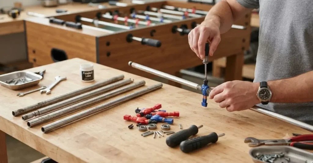 Wooden foosball table in a workshop ready for rod repair